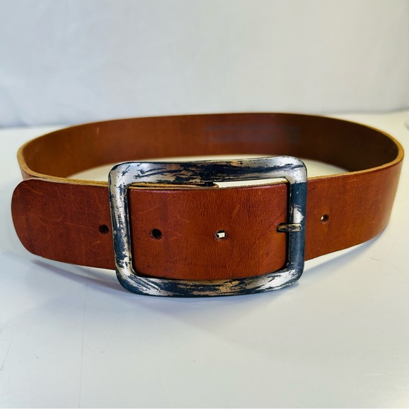 H&M Accessories - H&M Wide Brown Leather Belt, Unisex, Distressed Silver Buckle Size 33-34